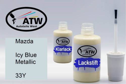 Mazda, Icy Blue Metallic, 33Y: 20ml Lackstift + 20ml Klarlack - Set, von ATW Autoteile West.